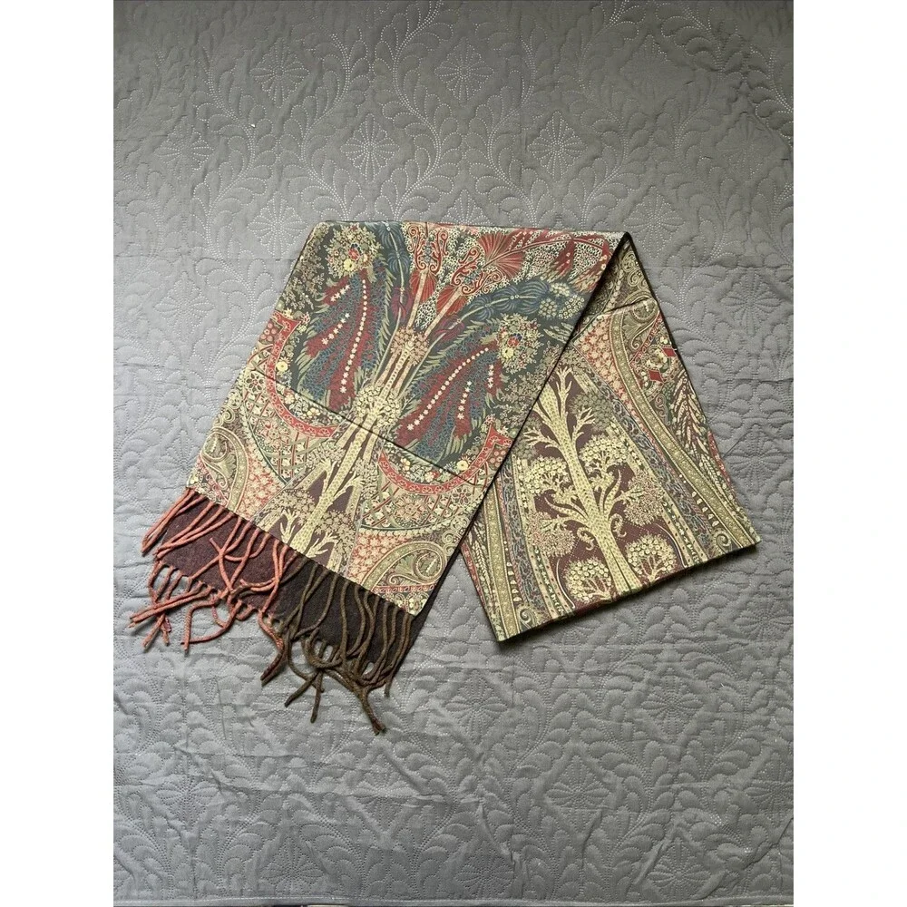 Voghi VTG 100% Silk & Wool Paisley Green Reversible Scarf Made in Italy Fringe